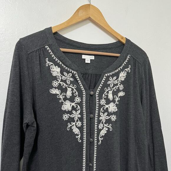 J Jill Gray Floral Embroidered Button Shirt Size L Charcoal Gray Boho Peasant - Picture 3 of 8